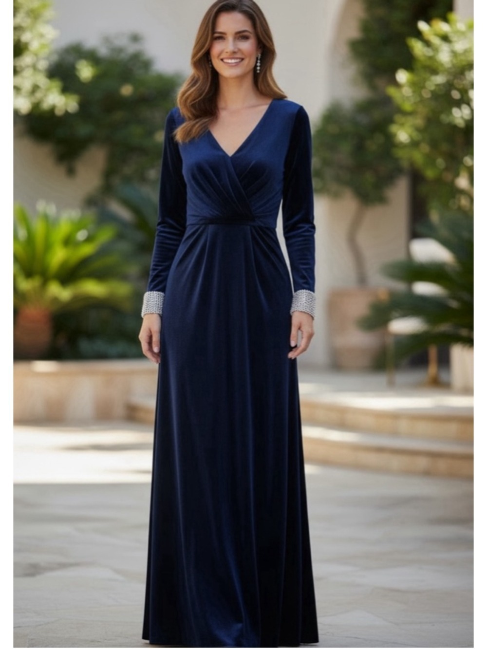 Vince Camuto Navy Blue Velvet Maxi Dress Gown with Embellished Cuffs Size 14